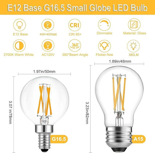 BRIMAX 10 Pack G16.5 Light Bulbs,Small Globe Bulbs Dimmable 4W E12 LED Bulbs 380lm,Equal to Candelabra Bulb 40W,2700K Warm White,AC120V,Flicker Free for Ceiling Fans Pendant Chandelier