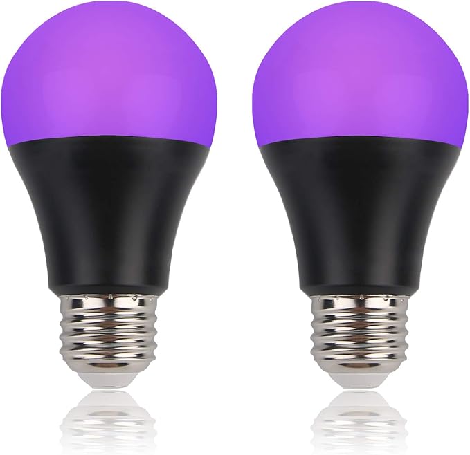 GREENIC UV Led Black Light Bulb 2 Pack, 8W (60W Equivalent) A19 E26 Blacklight Bulb UVA Level 385-400nm, Glow in Dark for Body Paint Club Party Neon Posters