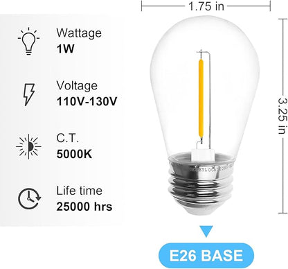Jslinter S14 5000K Daylight Outdoor String Lights Bulbs Replacement, Shatterproof & Waterproof, 1 Watt LED 11W Equivalent, E26 Base Non-dimmable, Edison Vintage Style for Patio Garden, 24-Pack