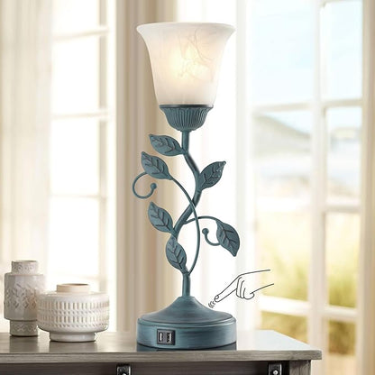 RORIANO Vintage Touch Table Lamp for Living Room, 3-Way Dimmable Nightstand Lamp with 2 USB Ports, Farmhouse Rustic White Glass Shade Leaf Desk Lamp for Bedroom End Table, LED Bulb Included