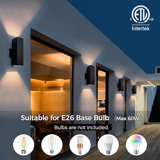 Cerdeco 2 Pack Aluminum Modern Outdoor Wall Light, 13" Exterior Up Down Light Fixtures,Black Front Door Wall Lighting with E26 Sockets [ETL Listed]