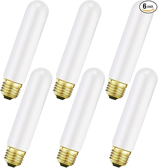 Leools TE26 LED Light Bulb T10 6W 5.1inch E26 Base Matt Opal Porcelain Dimmable Tubular LED Light Bulb,E26 Edison Bulb 6W Equal 60 watt Light Bulb 4000K Neutral White, CRI90+,600LM,6 Packs