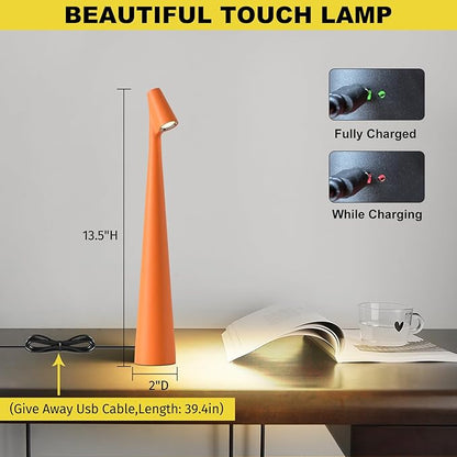 Cordless Small Table Lamps Set of 2,3 Levels Brightness Portable Desk Lamp,Rechargeable Battery Lights for Outdoor, Restaurant, Bedside, Baby Night Light(Orange)