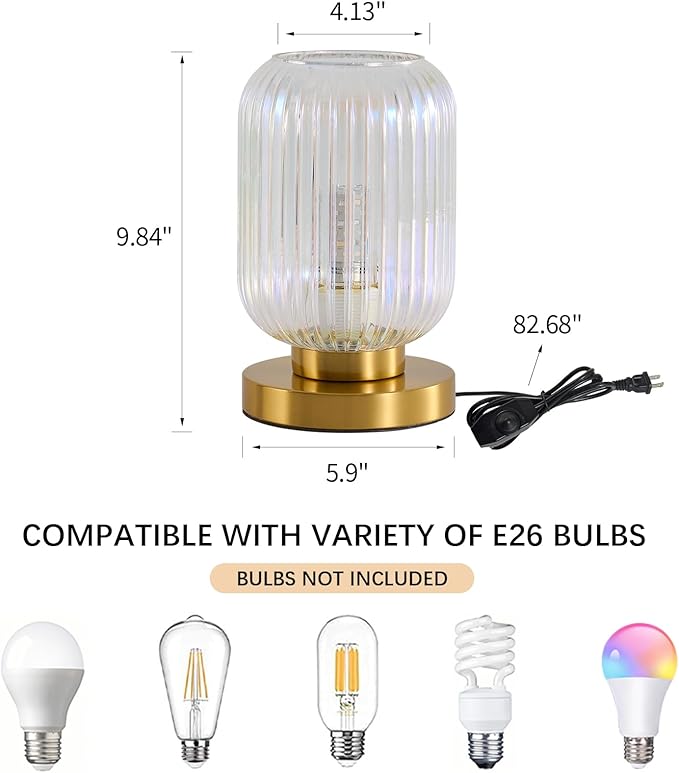 Dimmable Colorful Glass Table Lamp: Mid Century Modern Nightstand Light With Stained Shade - Small Decorative Brass Desk Lamp - Ribbed Glass Bedside Tables Lamps for Bedroom Living Room Bulb Excluded