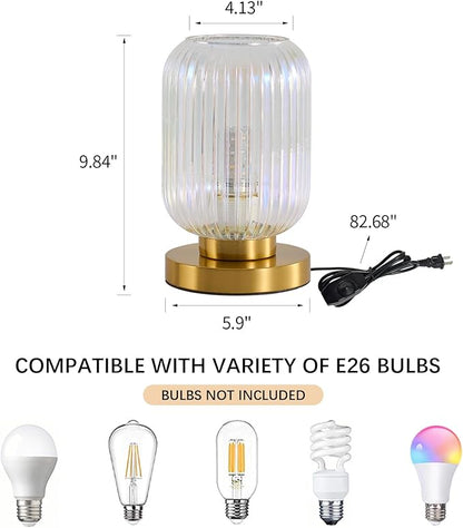 Dimmable Colorful Glass Table Lamp: Mid Century Modern Nightstand Light With Stained Shade - Small Decorative Brass Desk Lamp - Ribbed Glass Bedside Tables Lamps for Bedroom Living Room Bulb Excluded