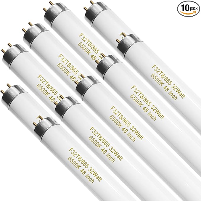10 Pack, F32T8/865 Fluorescent Light Bulb 48 Inch Daylight 32 Watt, T8 Fluorescent Bulb 4 Foot, 2800 Lumens G13 Medium 6500K Bi-Pin Base