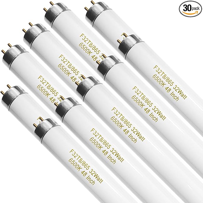 30 Pack F32T8/841 32W 48 Inch T8 Fluorescent Light Bulbs, T8 4 Foot Fluorescent Tubes, 4100K Cool White, 2850 Lumens, G13 Medium Bi-Pin Base