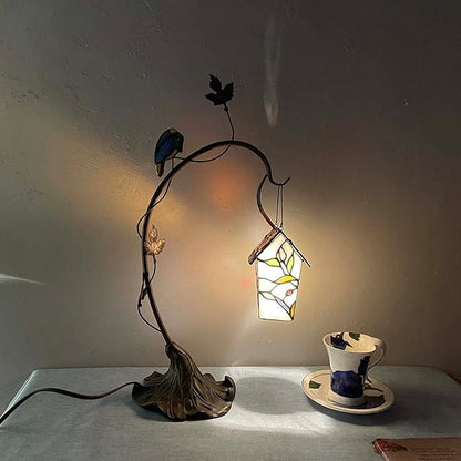 Bieye L10617 Tiffany Style Stained Glass Birdhouse Table Lamp for Home Decor (21-inch High, Pink Flower)
