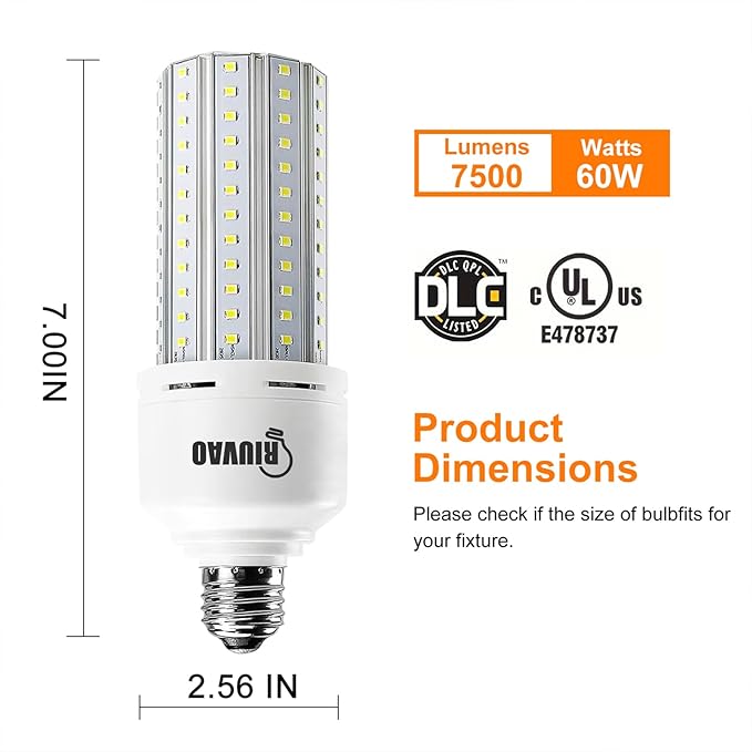 2 Pack Corn Cob LED Light Bulb 600W Equivalent, 60W LED Corn Bulb 7500 Lumen 5000K Large Area Cool Daylight White E26/E27 Medium Base for Garage Backyard Bedroom Warehouse Factory Workshop Street