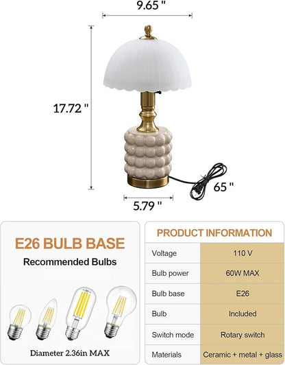 Vintage Lamp for Bedroom,Unique Lamps Cracked Ceramic lamp,UL Rotary Switch Control Glass lamp Shade,Small Table lamp for Living Room Decor Kitchen Lighting (White+Glass)
