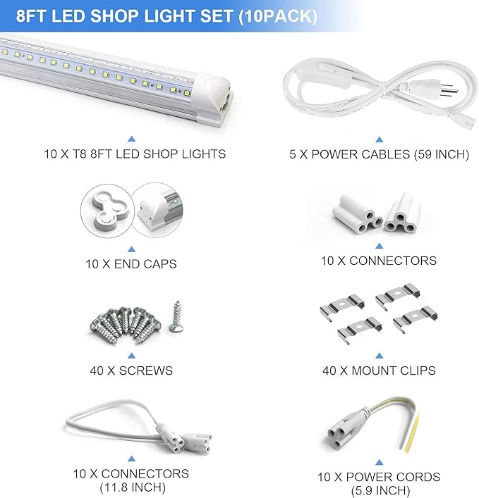 10-Pack 8ft LED Shop Light Fixture - 90W T8 Integrated LED Tube Light - 6500K 12000LM V-Shape Linkable - High Output - Clear Cover - Plug and Play - 270 Degree Lighting for Garage, Shop, Barn