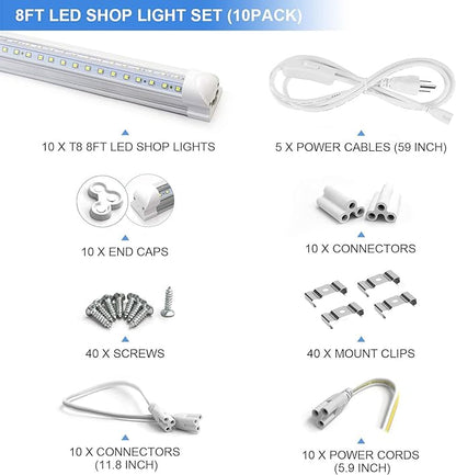 10-Pack 8ft LED Shop Light Fixture - 90W T8 Integrated LED Tube Light - 6500K 12000LM V-Shape Linkable - High Output - Clear Cover - Plug and Play - 270 Degree Lighting for Garage, Shop, Barn
