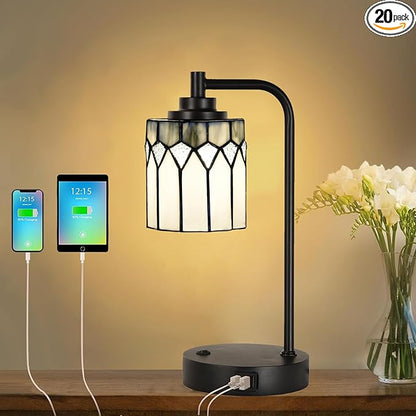 TL0019 Tiffany Table Lamp with 2 USB Charging Ports, Desk Lamp with Geometric Stained Glass Lamp Shade, Retro Nightstand H 14.5" for Bedrooms Office Study, LED Bulbs Included (Grey)