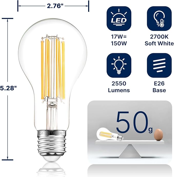 FLSNT 150W Equivalent A23 LED Light Bulbs, Efficient 17W, 2550Lumens, 2700K Soft White, CRI82, E26 Medium Base LED Filament Light Bulbs, Clear Glass, 4 Pack, Non-Dimmable