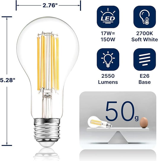 FLSNT 150W Equivalent A23 LED Light Bulbs, Efficient 17W, 2550Lumens, 2700K Soft White, CRI82, E26 Medium Base LED Filament Light Bulbs, Clear Glass, 4 Pack, Non-Dimmable