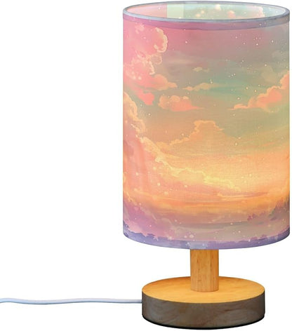 Bedside Lamp Princess Castle Pink Sky Table Lamp for Bedroom LED Nightstand Lamp Shade USB Ports Wood Base for Living Room Dorm Office