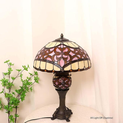 Bieye L10912 Baroque Tiffany Style Stained Glass Table Lamp Lighted Base for Living Room Bedside Home Decoration (Pink, 16-inch)