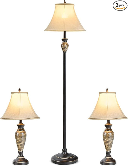 Tangkula Table and Floor Lamp Set, 3-Piece Traditional Style Lamp Set with Linen Fabric Lamp Shades and Weighted Bases for Living Room, Bedroom, 29” and 61” (H)