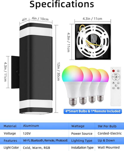 Smart Outdoor RGB Wall Lights 2 Pack, Wi-Fi & App Control Color Changing Up and Down Wall Sconce with Remote, Dusk to Dawn Waterproof Exterior Lighting Fixtures Works with Alexa, Google Assistant