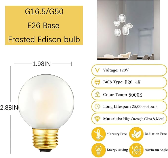 Dimmable E26 Edison Bulb G16.5 Frosted LED Bulb 4W Equal 40 watt Light Bulb, 5000K,400LM AC120V, 40W Globe Light Bulb for Ceiling Fans, Chandeliers, Vanity 6Pack (4W-5000K)