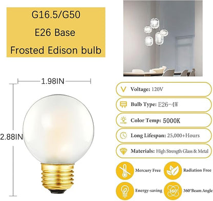 Dimmable E26 Edison Bulb G16.5 Frosted LED Bulb 4W Equal 40 watt Light Bulb, 5000K,400LM AC120V, 40W Globe Light Bulb for Ceiling Fans, Chandeliers, Vanity 6Pack (4W-5000K)