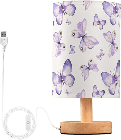 Bedside Lamp Purple Butterflies Table Lamp for Bedroom LED Nightstand Lamp Shade USB Ports Wood Base for Living Room Dorm Office