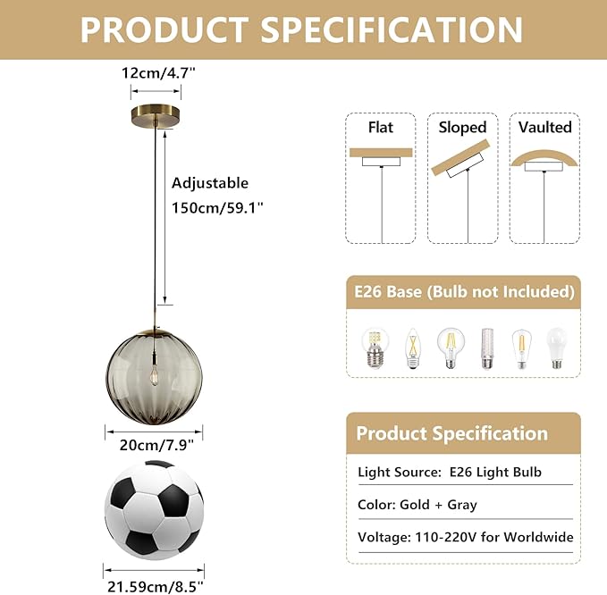 KCO Lighting Mid Century Modern Globe Pendant Light Smoke Mini Vintage Grey Glass Pendant Lighting 1-Light Single Globe Chandelier Farmhouse Kitchen Island Light Fixtures (Smoke Gray-7.9”)