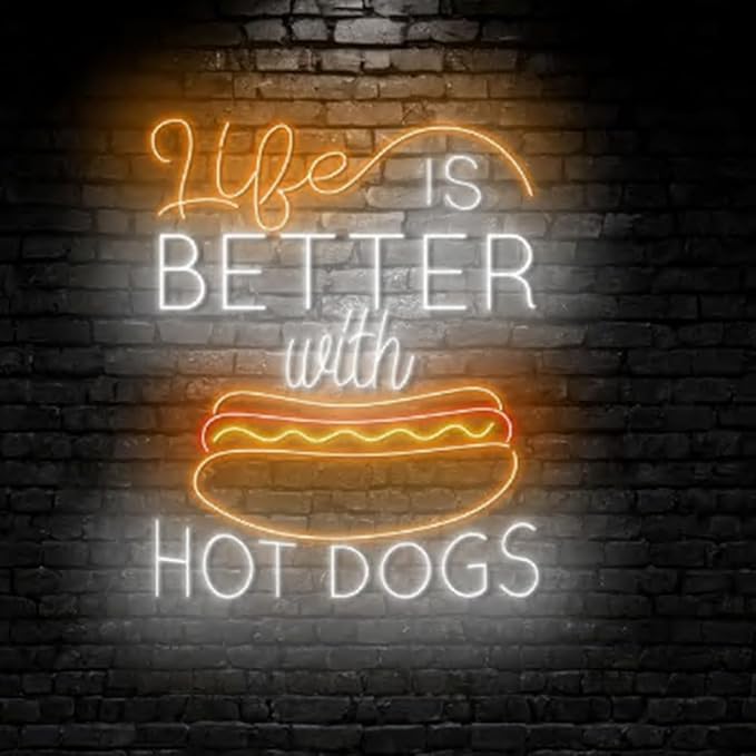 Life Is Better With Hot Dog Neon Sign For Fast Food Restaurant Wall Decor, 23" Hot Dog Shop Wall Art, Street Food Led Light