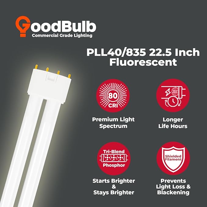 GoodBulb PLL40/835 40W 22.5" Twin Tube Compact Fluorescent Light Bulb 4-pin 2G11 Base 3500K Neutral White 2800 Lumen 12000 Hour Long Life Biax Pack of 10