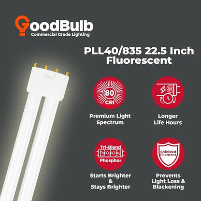 GoodBulb PLL40/835 40W 22.5" Twin Tube Compact Fluorescent Light Bulb 4-pin 2G11 Base 3500K Neutral White 2800 Lumen 12000 Hour Long Life Biax Pack of 10