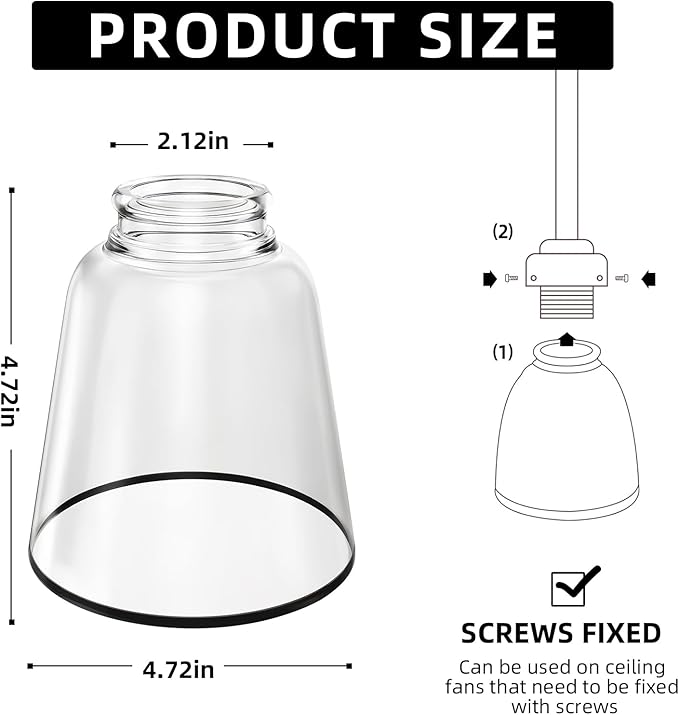 4 Pack Clear Glass Shade Replacements, Bell Shaped Glass Shade Covers with Black Ring, 4.72"High, 4.72"Diameter, 2.12 "Fitter, High Transmittance Trapezoidal Lampshade