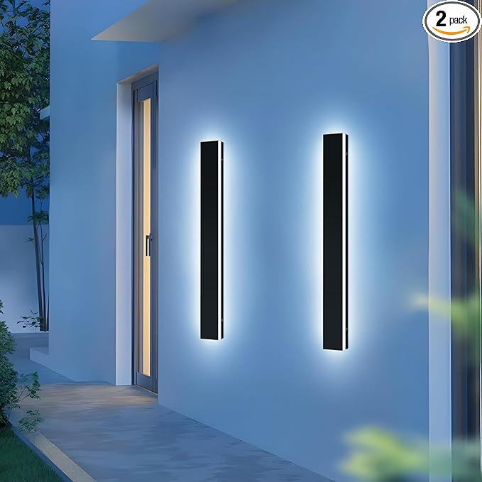 Upgrade Widened 2 Pack Outdoor Modern LED Wall Light, 47.2inch Long Black Wall Sconces, 3 Color 3000K/4500K/6000K, IP65 Waterproof, 42W, Exterior Lighting Fixture for House, Fence, Yard, Patio