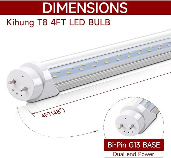 Kihung (12 Packs T8 Led Bulbs 4 Foot, Type B Light Bulbs, 24W 3120LM 6000K, Daylight White Fluorescent Light Bulbs 48 Inch, Ballast Bypass, T8 T10 T12 4ft Led Replacement for Fluorescent Tubes