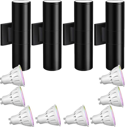 Exterior Double Up Down Outdoor Wall Lights,Mi.Light Remote Control RGB Color Changing 1000lm Warm White 3000k RGBW Cylinder Outdoor Wall Light,Smart LED Exterior Lighting (4 Pack)