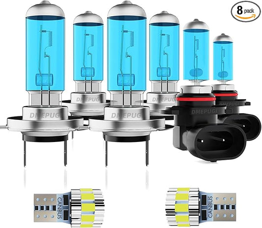 Compatible With Volkswagen Jetta 2007-2014 Headlight Bulbs License Plate Lights, H7 High Beam + H7 Low Beam + 9006 Fog Lights Halogen Light Bulb + License Plate Lights, Pack of 8