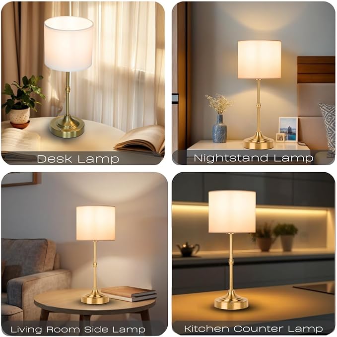 Rechargeable Table Lamp, Cordless Touch Lamps, Portable Desk Light with Stepless Dimmable Brightness & Fabric Shade for Nightstand Bedside Living Room (Gold, Straight)