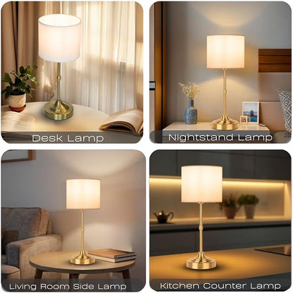 Rechargeable Table Lamp, Cordless Touch Lamps, Portable Desk Light with Stepless Dimmable Brightness & Fabric Shade for Nightstand Bedside Living Room (Gold, Straight)