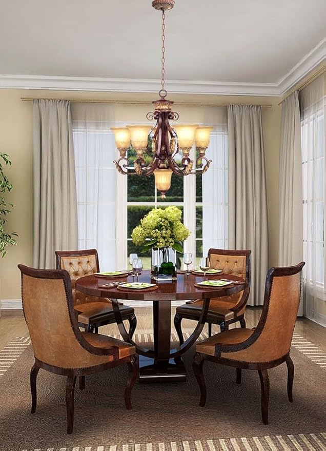 Livex Lighting 8575-63 Villa Verona 5 Light Verona Bronze Finish Chandelier with Aged Gold Leaf Accents and Rustic Art Glass