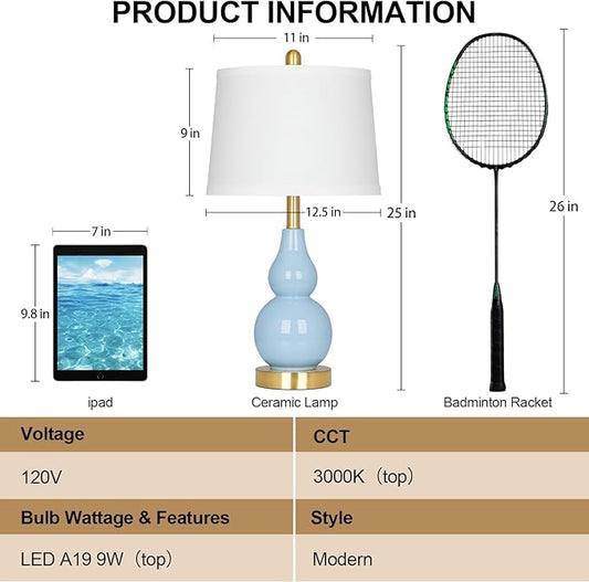 25" Modern Ceramic Table Lamps Set of 2, Blue Double Gourd Ceramic Lamps for Living Room, Coastal Farmhouse Rustic Bedside Nightstand Nautical Lamps for Bedrooms Home Office Dorm(2 LED Bulbs Included)