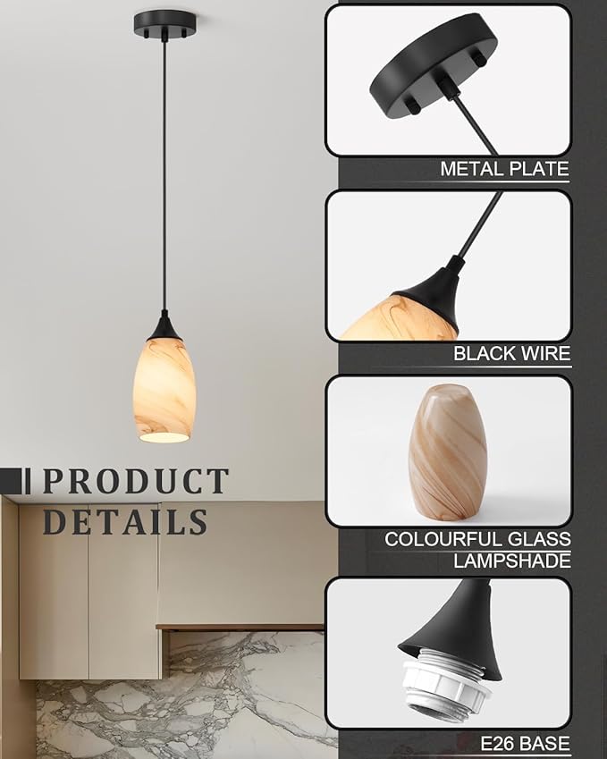 ANYLOVE Vintage Art Brown Stripe Pendant Lighting,1-Pack Hand Glass Hanging Light Fixture,Adjustable Cord for Kitchen,Hallway,Dining Room