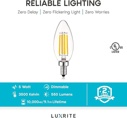 LUXRITE Vintage Candelabra LED Bulb 60W Equivalent, 550 Lumens, 3500K Natural White, LED Chandelier Light Bulbs 5W, Dimmable, Clear Glass, Filament LED Candle Bulbs, UL Listed, E12 Base (6 Pack)