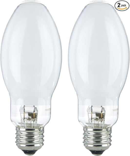 Diodesy- M57 Metal Halide Lamp 175W Probe Start 13000 Lumen E26 Medium Base 4200K Cool-White White Coated ED17 Shape 10000 Hour High Intensity Discharge Outdoor Light Bulb for Street Parking Pack of 2