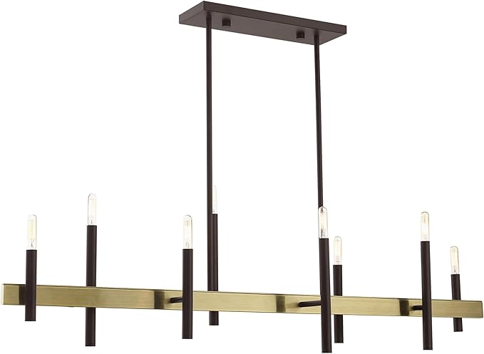 Livex Lighting 49338-07 8 Light Bronze Linear Chandelier, Bronze w/ Antique Brass Accents, 9.25 x 48 x 42