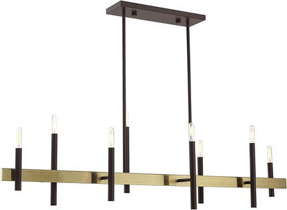 Livex Lighting 49338-07 8 Light Bronze Linear Chandelier, Bronze w/ Antique Brass Accents, 9.25 x 48 x 42