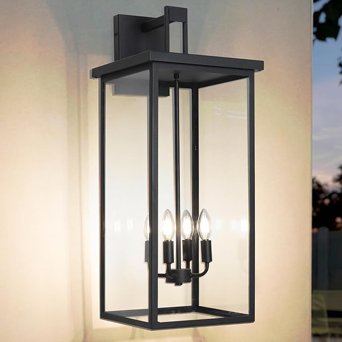 26 in Large Outdoor Wall Lantern, Modern Matte Black Exterior Light Fixtures for House with Clear Glass Shade, Large Outdoor Light Fixtures Wall Mount E12 Base Garage & Porch Wall Light