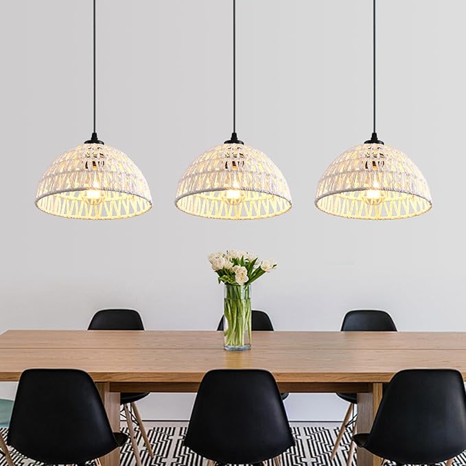 3 Pack Woven Pendant Light Fixtures,10.2" White Rattan Pendant Lights Farmhouse Basket Light Fixture Adjustable Boho Hanging Lamp for Kitchen Island Bedroom Dining Room Foyer Hallway
