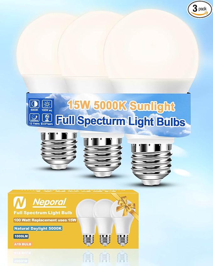 Neporal Full Spectrum Light Bulb 15W LED=100W, 5000K Flicker-Free Daylight, UV-Free & High CRI & Eye-Caring Natural Sunlight Light Bulbs for Humans, Home, Office, Plant – E26/E27, 30000H Lifespan,3PK