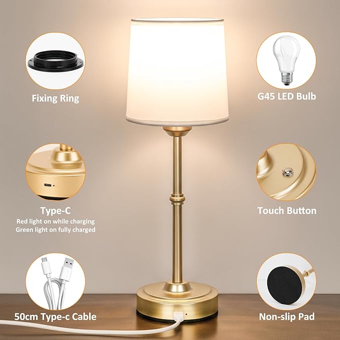 Small Bedside Table lamp for Bedroom, Cordless LED Desk Lamp with Fabric Shade, 6000mAh Rechargeable Battery Operated Lighting, 3000K Warm Ambient Light for Living Room/Restaurant/Bar/Nightstand