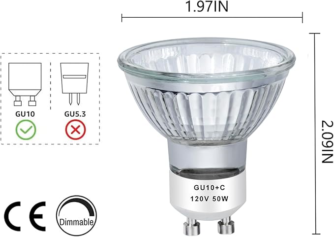 GU10 120V 50W Halogen Bulb MR16 Glass Cover GU10+c Bulb 2700k Warm White Dimmable, 50W Replacement Bulb for Wax Burner Light Bulb, Candle Warmer Bulbs, Scentsy Warmers (4 Pack)