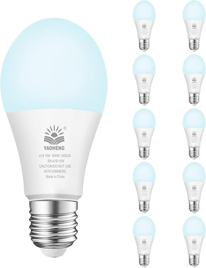 A19 LED Light Bulb, 100 Watt Equivalent LED Bulbs, 5000K Daylight White, 1500 Lumens, Standard E26 Base, Non-Dimmable 15W Super Bright Light Bulbs for Home, Office Lamp, ETL Listed(10-Pack)